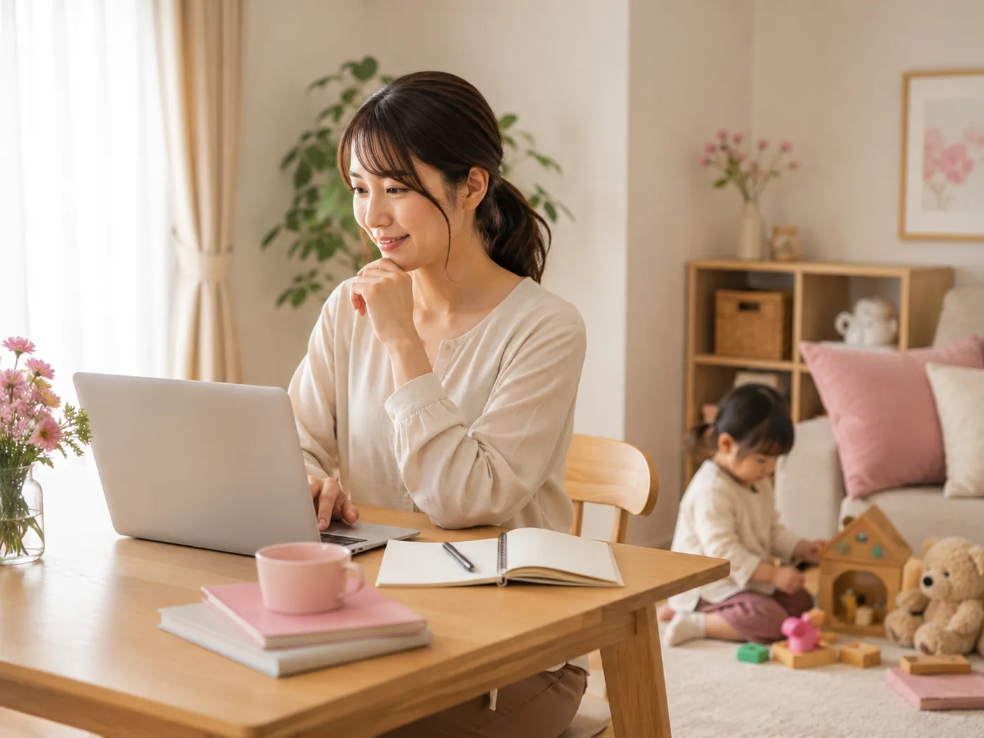 子どものそばで在宅ワークに取り組む女性